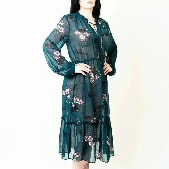 Lulus Newell Teal Green Sheer Floral Print Midi Dress - L - Picture 3 of 8